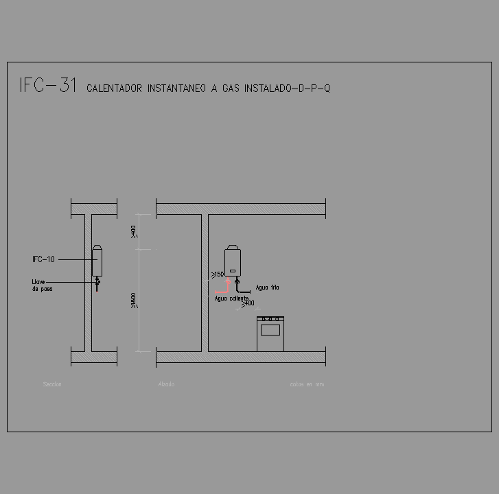 Bloque Autocad Calentador instantáneo a gas instalado-D-P-Q
